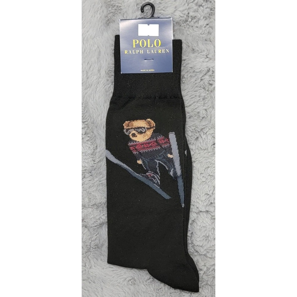 Polo Ralph Lauren Socks Mens 10-13 Black Ski Polo Bear Crew Mid Calf Cotton